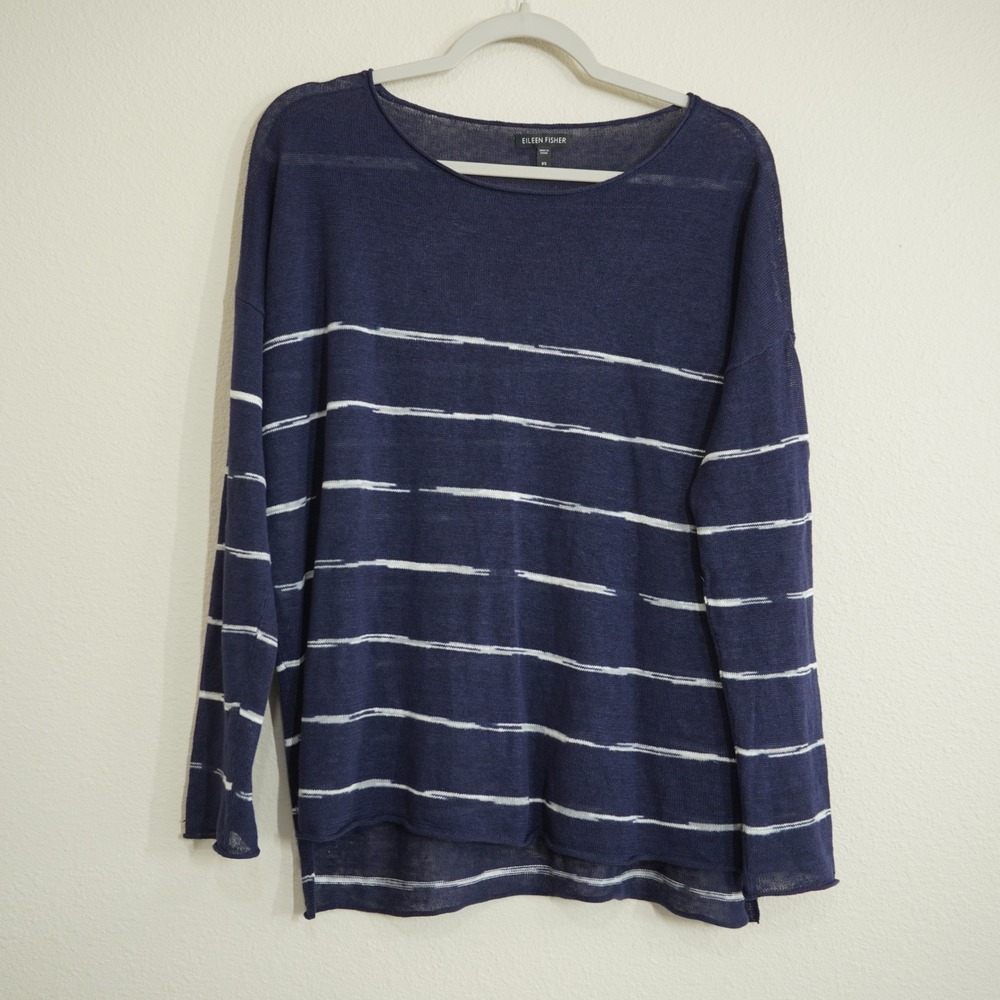 Eileen Fisher Women's XS Organic Linen Striped Sweater Navy Blue Lightweight